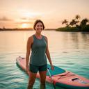 Katie standing with a paddleboard beside calm South Florida water at sunrise